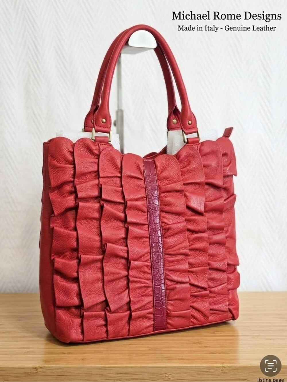 Michael Rome Designs Red Ruffled Leather Tote Bag Made in Italy Concho HW